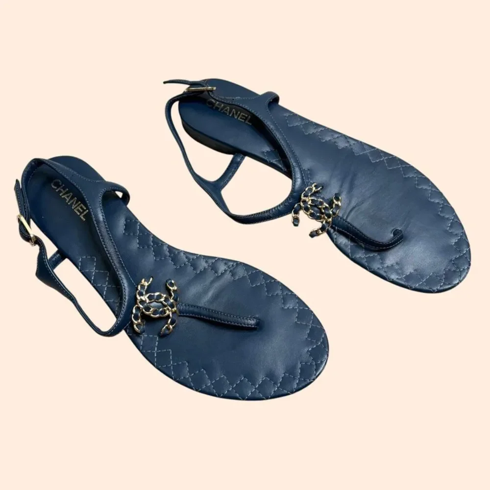 Chanel T Strap CC Chain Sandals Navy